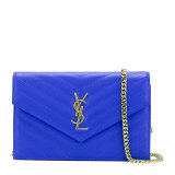 Yves saint Laurent/圣罗兰 YSL金属logo斜纹牛皮女士蓝色手拿两用单肩包#393953-BOW01-4331