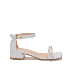 Stuart Weitzman/思缇韦曼 女士牛皮斜方头一字带粗跟鞋凉鞋 NUDISTJUNE SQU PEARLS图片