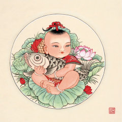朱秀珍 《吉祥童子抱鱼图》 传统水墨 写意人物图片