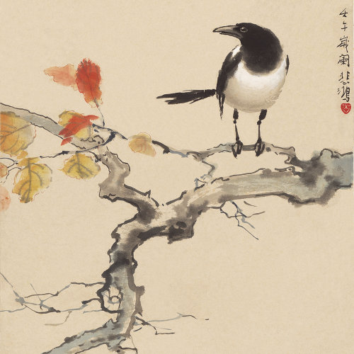 徐悲鸿《春日四喜鹊图》 高清晰名家版画 花鸟