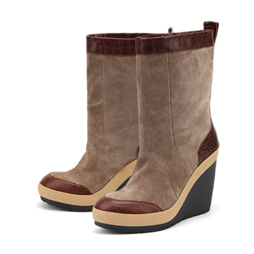 UNITED NUDEUNITED NUDE 女士靴子UNITED NUDE欧美拼接皮坡跟中筒靴frost 卡其色 39正品 价格 图片