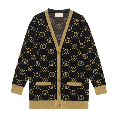 gucci/古驰 女装服饰黑色羊毛双g印花开衫毛衣针织衫外套