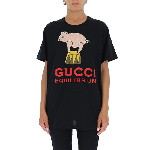 gucci北面联名黑色短袖,gucci北面联名短袖黑色 gucci/古驰 女士黑色棉质饰小猪印花短袖t恤 615044-xjcrg-1082