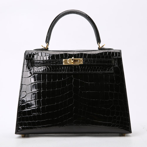 hermes/爱马仕 经典kelly 25女士黑色金色扣亮面鳄鱼皮单肩手提包