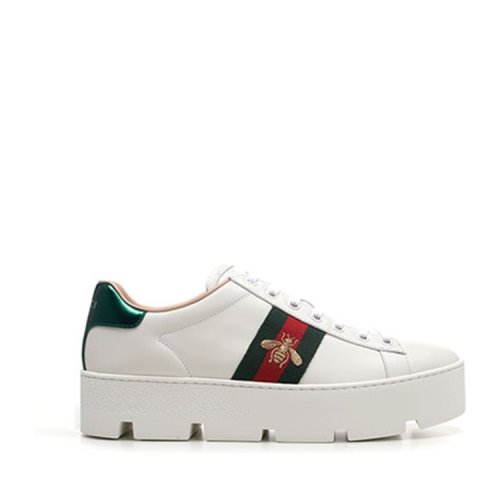 【包税包邮】gucci/古驰 古琦女鞋 红绿条纹 女士白色牛皮革小蜜蜂