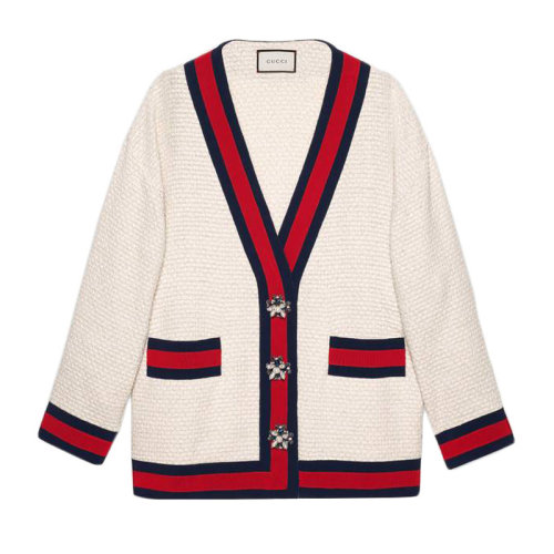 gucci/古驰 女士 服装 21春夏 深v领蓝/红织带丝带珠宝纽扣超大号开衫