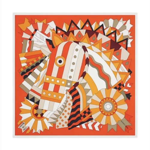 hermes/爱马仕 庆典骏马图案90*90cm桔色真丝方巾丝巾围巾