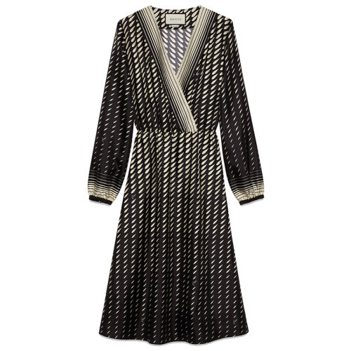 【包税】gucci/古驰 2021年新款 女士黑色和象牙色印花真丝连衣裙