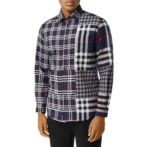 Burberry衬衫,burberry衬衫真假辨别 burberry 巴宝莉 纯棉 新款拼接不对称格纹 衬衣 男装 男士长袖衬衫