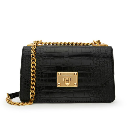 charles&keith/charles&keith 小ck包早春新品织物/配皮金属扣饰压纹