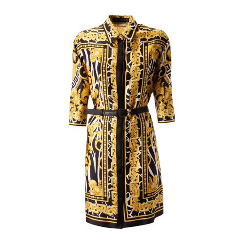 versace/范思哲 女装 服饰 黄色巴洛克印花翻领收腰衬衫裙 女士连衣裙