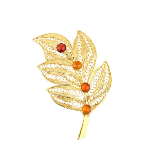 fine jewelers/方元老细金花丝叶子玛瑙胸针