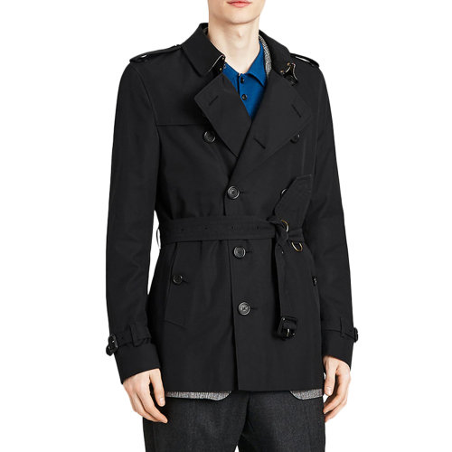 英国风衣burberry,英国皇室风衣 【瑕疵折扣】纯棉短款双排扣系腰带黑色男士风衣 burberry/博柏利