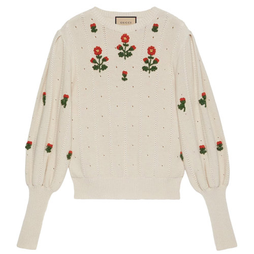 【包税】gucci/古驰21年秋冬新款女士米白色花卉刺绣针织棉羊毛毛衣