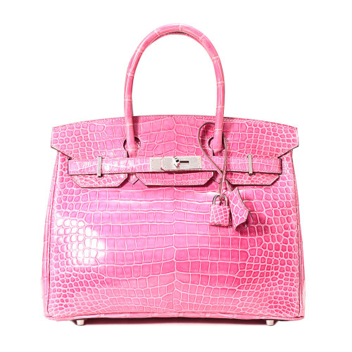 hermes(爱马仕) 粉色倒v鳄鱼皮银扣手提包birkin30