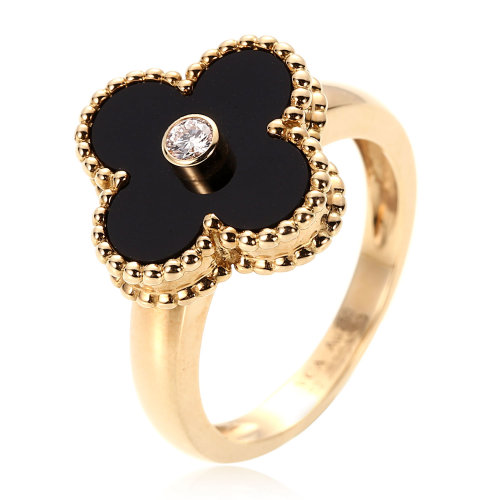 van cleef & arpels(梵克雅宝) alhambra系列戒指黑色玛瑙四叶草镶钻
