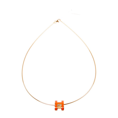 hermes(爱马仕)橘色弧形h吊坠金色项链