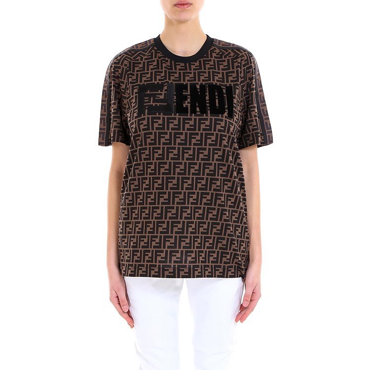 fendi/芬迪 19年春夏 圆领 女性 ff logo 宽松 棕色 女士短袖t恤 fs