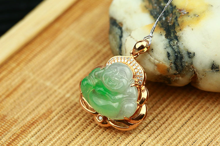 zen shine/均尚珠宝 天然翡翠a货冰种阳绿18k金镶天然钻石佛公吊坠