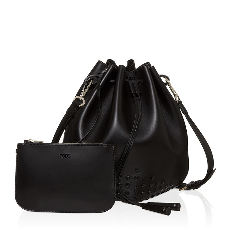 tods/托德斯 女士黑色牛皮经典豆豆嵌花中号水桶单肩包