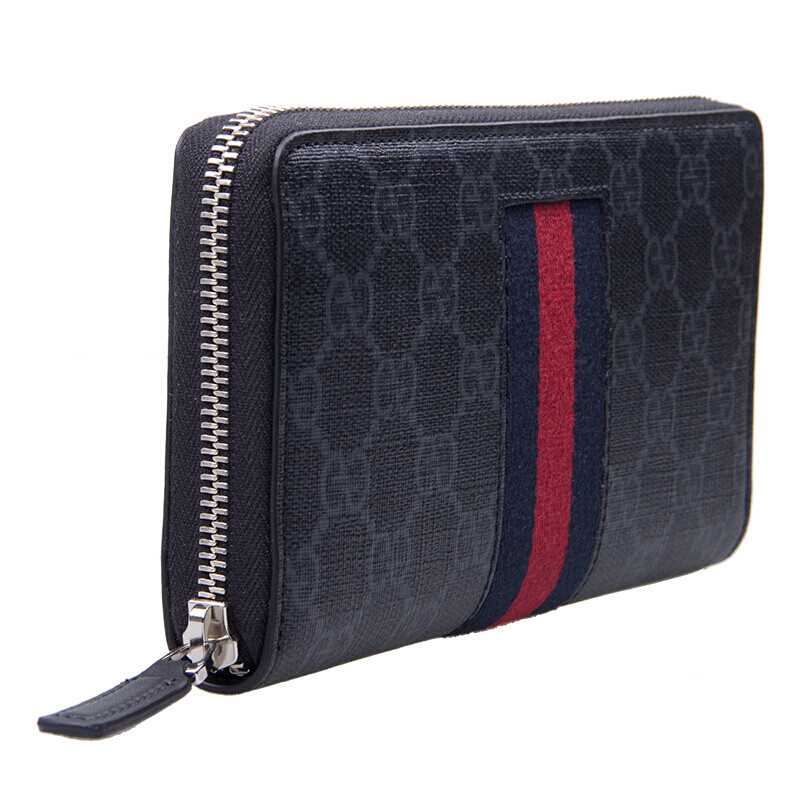 gucci/古驰古奇男包人造帆布饰条纹织带全拉链式钱包408831 khn4n