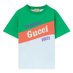 古驰（GUCCI）女童浅蓝色/绿色棉质短袖T恤 575114 XJEY6 DX图片