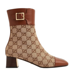 【包税】现货GUCCI/古驰 女士米色乌木色帆布配皮印花方头踝靴4.5cm70002321HH02582图片
