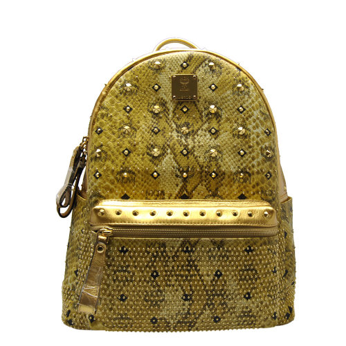 mcm/mcm 女士pvc/配皮中号铆钉金色蛇皮纹双肩背包