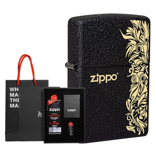 zippo/芝宝 磨砂黑裂漆防风打火机 男士商务礼品 礼盒套装