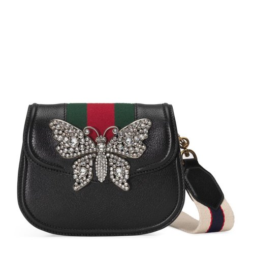 gucci古驰女士黑色皮革水晶蝴蝶装饰单肩斜挎包黑色黑色
