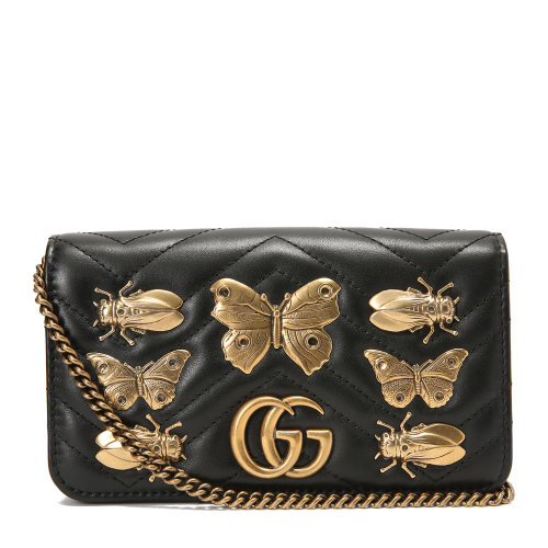 【极速发货】 gucci/古驰女士gg marmont 蝴蝶昆虫金属徽章链条包 单