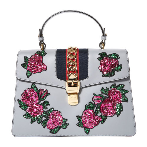 gucci(古驰) 灰色皮质花朵亮片刺绣两用包