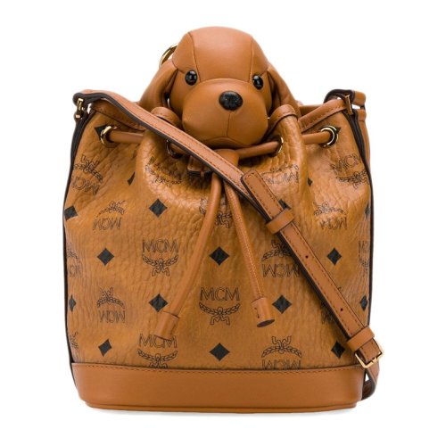 【包税】mcm/mcm女士棕色皮革经典logo抽绳小狗玩偶单肩包斜挎包水桶