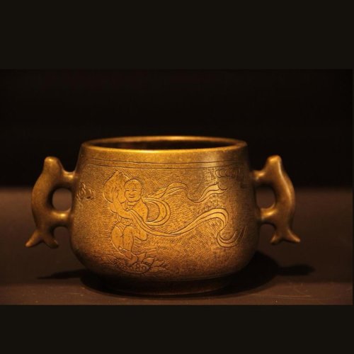 chadian/茶典 雪花铜鱼耳炉錾刻铜炉摆件