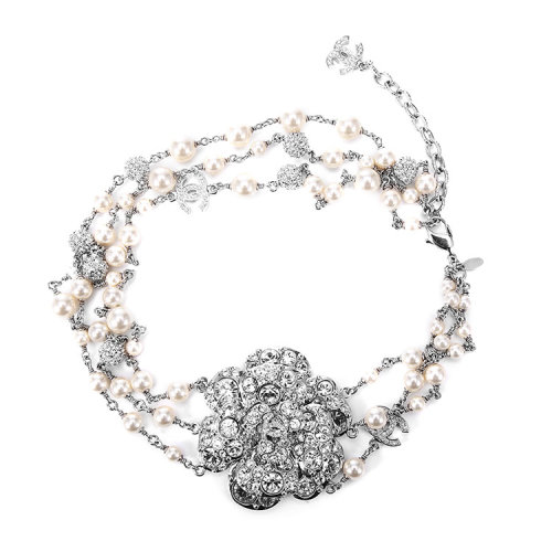 chanel(香奈儿) 银色镶水钻山茶花项链套链