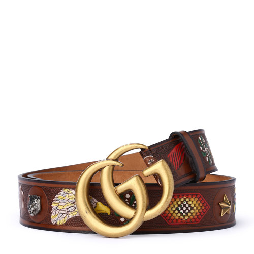 gucci(古驰)古铜色豹头马蹄形带扣配黑色牛皮腰带