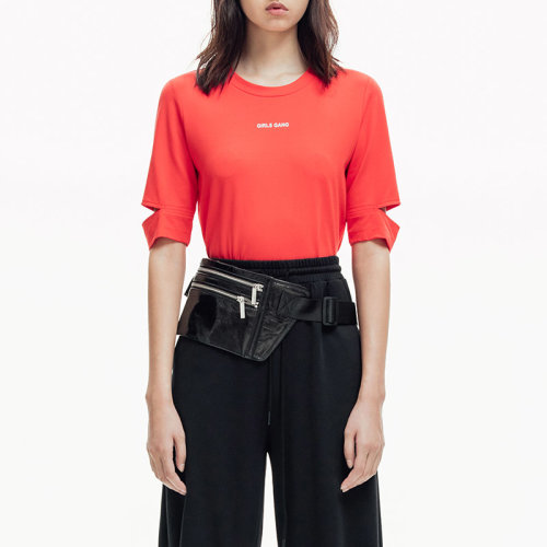 摩安珂女士短袖t恤2019夏季新品解构切割裁短圆领印花t恤mai2tee010