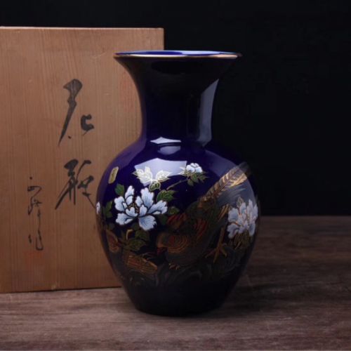 geichie/艺智绘 日本昭和时期祭蓝釉描金【正峰】花器花瓶摆件