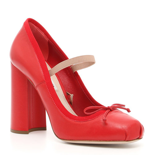 miumiu/缪缪 女士红色牛皮粗跟蝴蝶结高跟鞋皮鞋女鞋 5i774a-lzk
