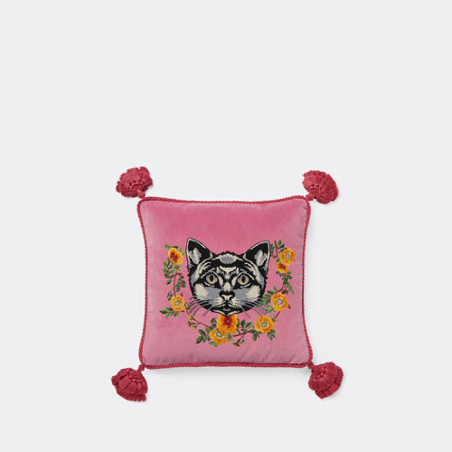 【gucci古驰 靠垫抱枕】gucci/古驰 19年春夏 猫图案刺绣天鹅绒靠垫