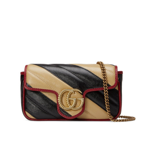 gucci/古驰19秋冬新款 女士米色和黑色复古风格斜纹绗缝小牛皮单肩包