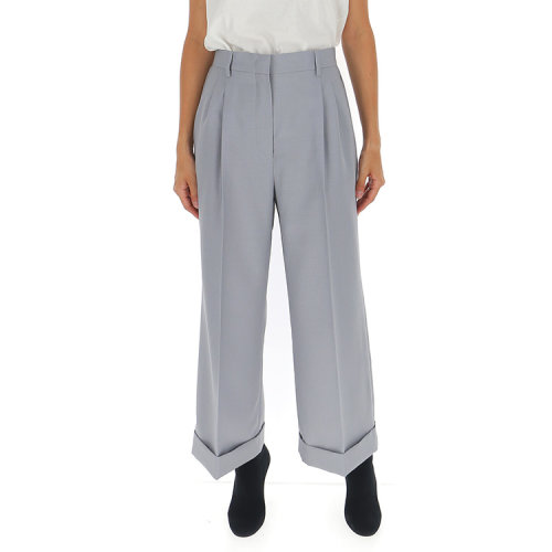 fendi/芬迪 19年秋冬 服装 logo 女性 高腰 阔腿裤 浅灰色 女士休闲裤