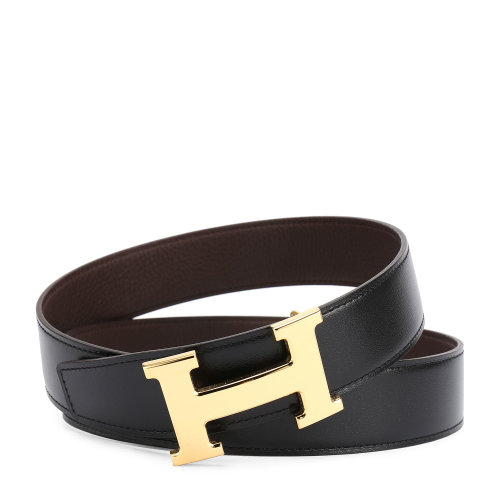 hermes(爱马仕) #黑/深棕两面皮质金色h扣腰带 95cm