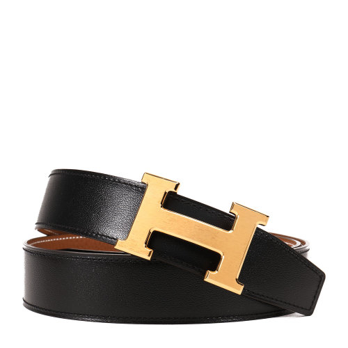 hermes(爱马仕) #黑/棕两面皮质金色拉丝h扣腰带 90cm