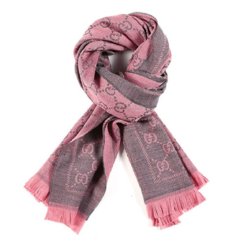 gucci/古驰 新款围巾女士双g羊毛针织流苏粉灰色 围巾围脖133483 3g