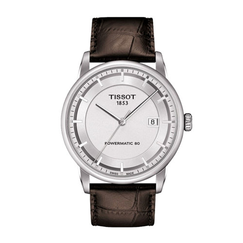 tissot/天梭瑞士手表 豪致系列80机芯自动机械男士腕表 棕皮带银色t