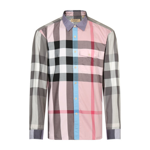 burberry/博柏利男士长袖衬衫纯棉翻领粉灰色格纹男士长袖衬衫
