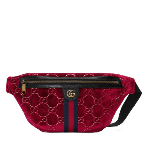 gucci/古驰19秋冬新款男女通用红色天鹅绒双g腰包 574968gz8bt6488