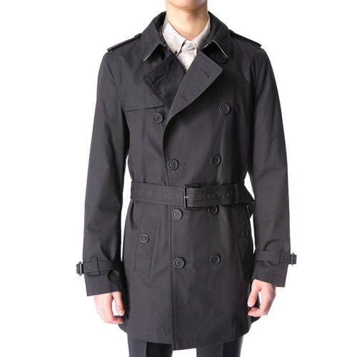 burberry/博柏利 男装风衣 brit系列男士黑色中长款格纹领口双排扣棉