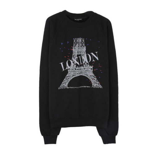 男装 服装 黑色棉质埃菲尔铁塔印花长袖圆领 男士卫衣